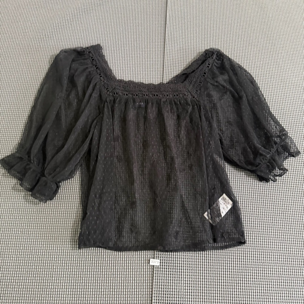 Gap Womens Black Mesh Swiss Dot Eyelet Lace Puff Sleeve Blouse Size M